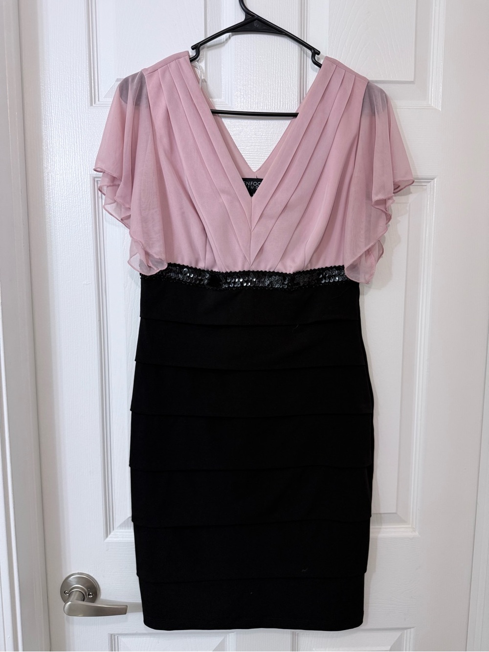 Enfocus Studio Pink and Black V-Neck Layered Midi Dress